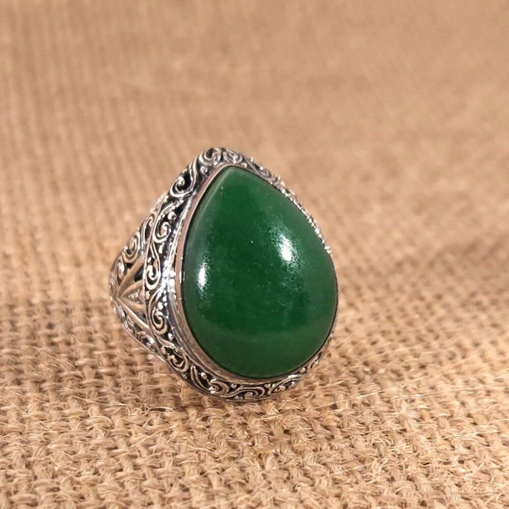 Bali Burmese Jade Ring Sterling Silver Size 9